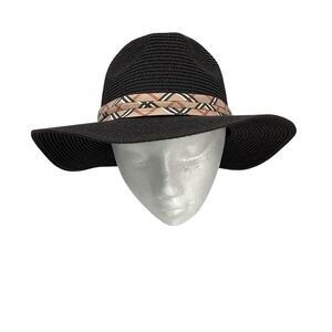 Odiva Womens Sun Hat One Size Black‎ Plaid Ribbon Wide Brim Straw Summer Chic